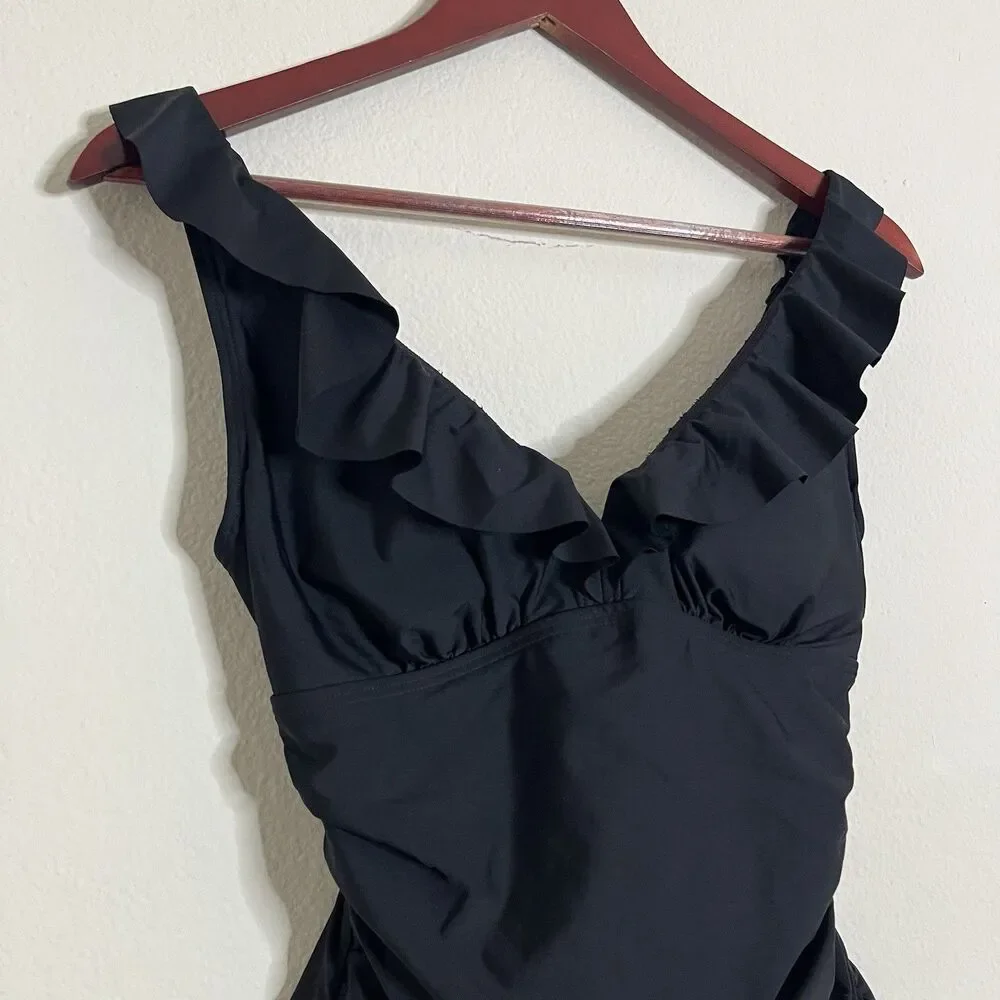 DKNY Small Ruffle Plunge Underwire Tummy Control Swimwear One-Piece Swimsuit